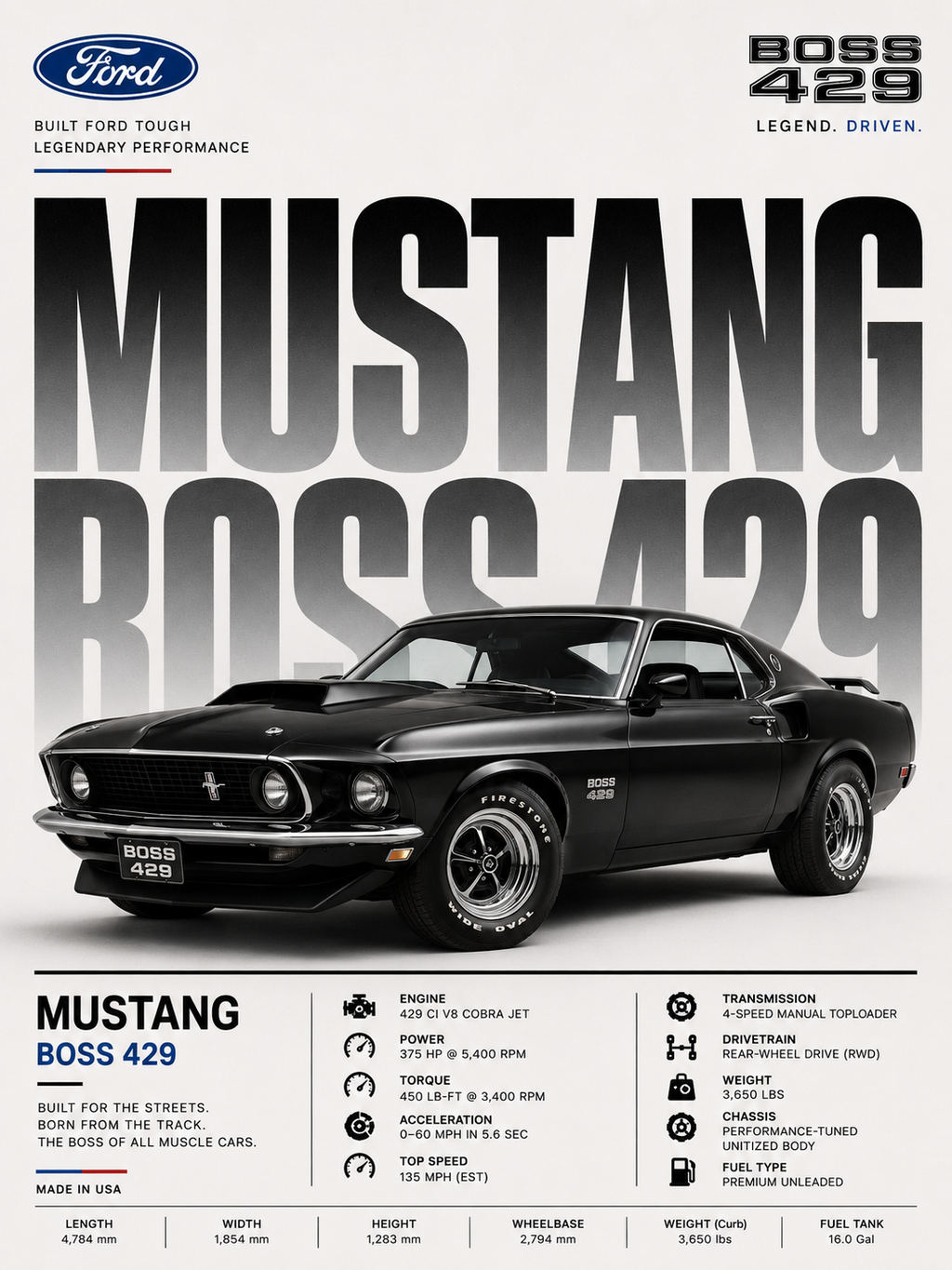 Mustang Boss 429 Absolut Car Photo Frame | A4 Size | Premium HD Wall Art