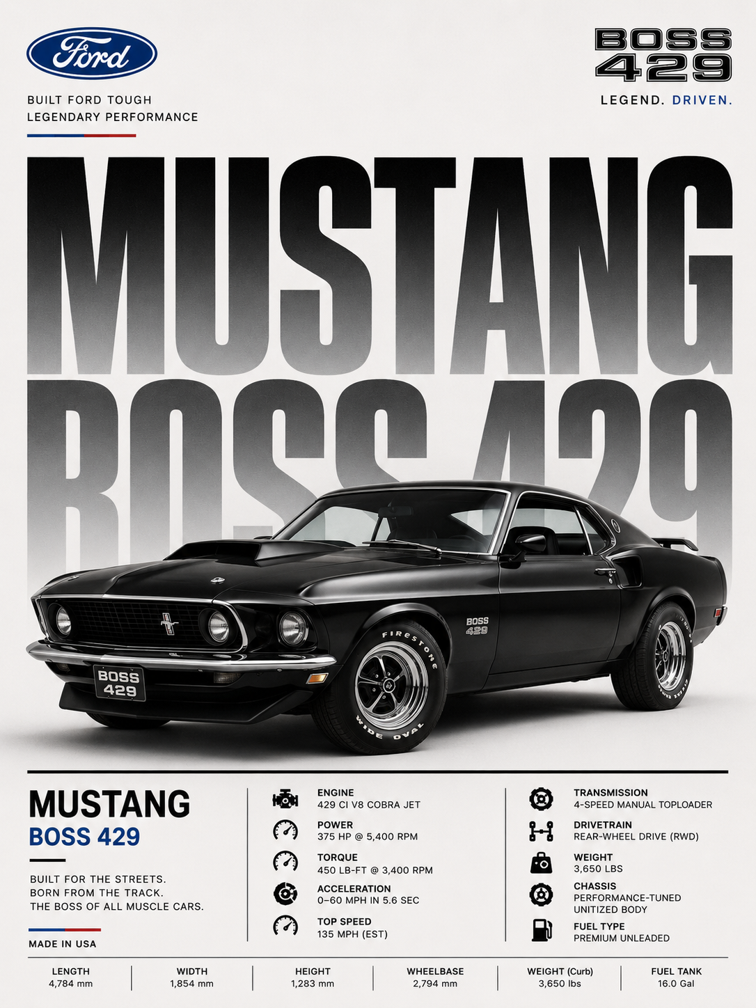 Mustang Boss 429 Absolut Car Photo Frame | A4 Size | Premium HD Wall Art