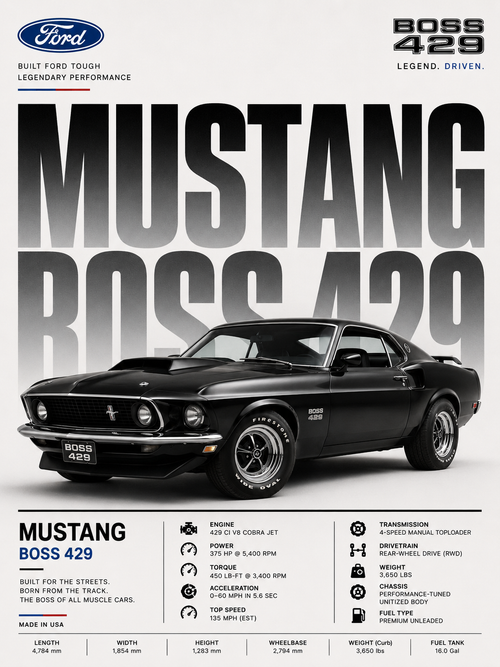 Mustang Boss 429 Absolut Car Photo Frame | A4 Size | Premium HD Wall Art